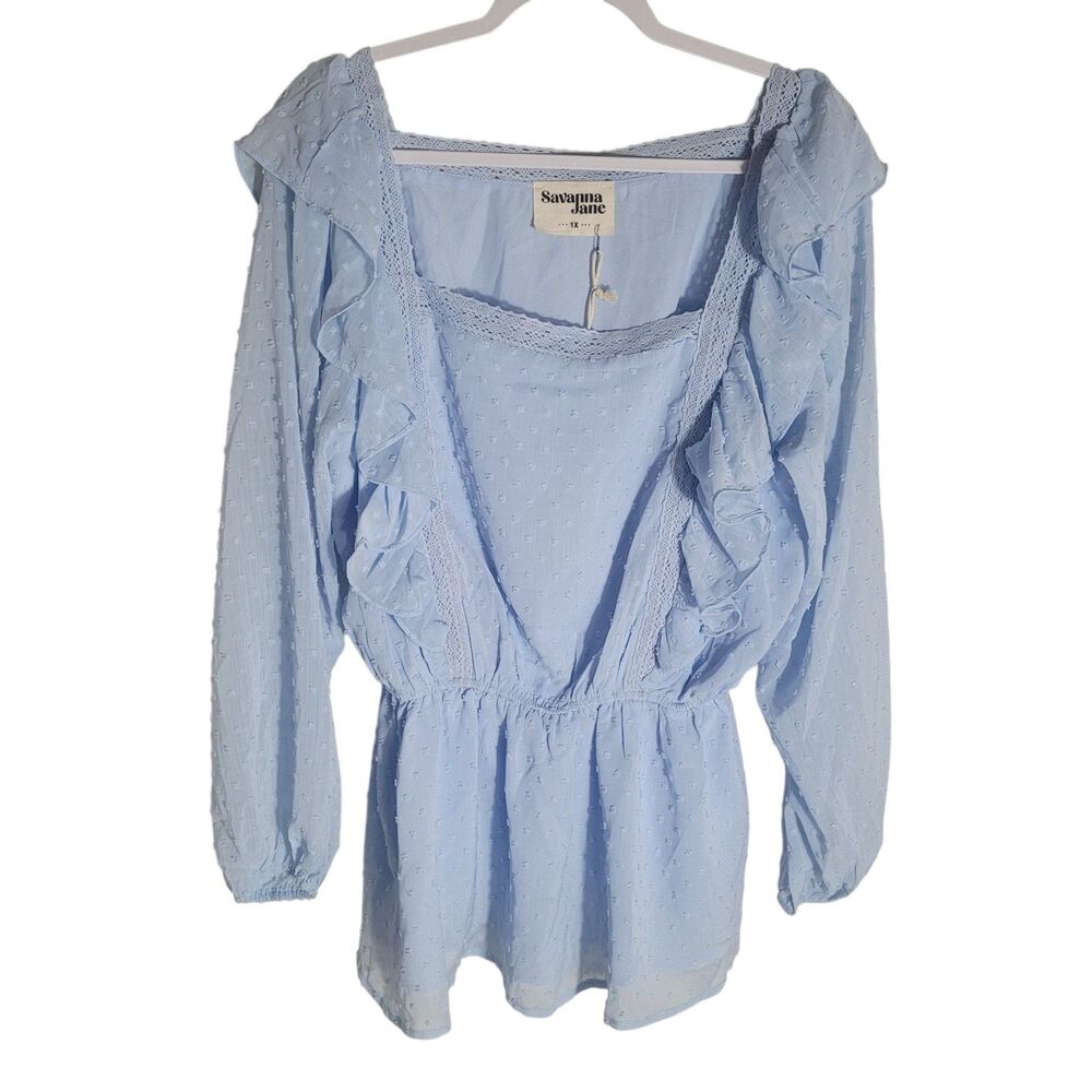 NEW Savanna Jane Ruffle Blouse Women's Plus Size 1X Blue Swiss‎ Dot Peasant Boho
